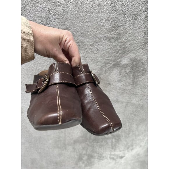 vtg Woman’s 7 Square Toe Leather Mule Heels Brown Block Heel Slip On Minimalist - Picture 4 of 8